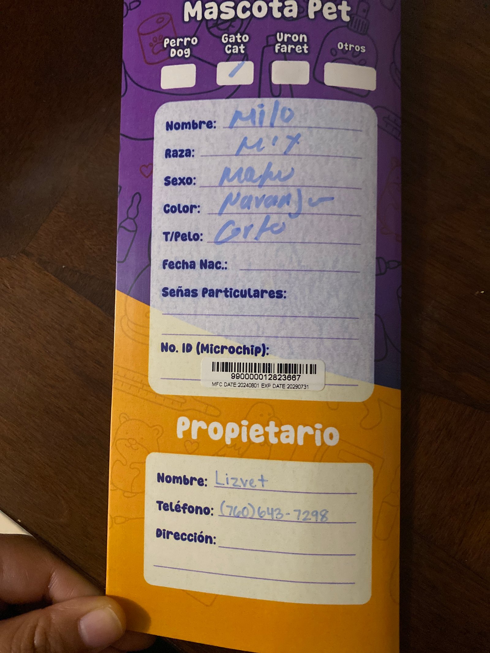 Foto de Milo Perez con microchip 990000012823667